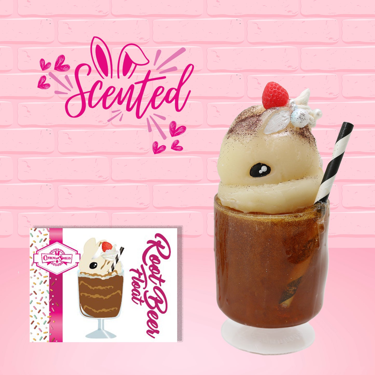 Cute kawaii bunny Root Beer Float white bunny in a brown drink with a black and white straw on the side. The bunny has a strawberry, brown glitter, silver pearls, on top next to the swirl of whipped cream. The front of the character card is shown as well as the word scented.