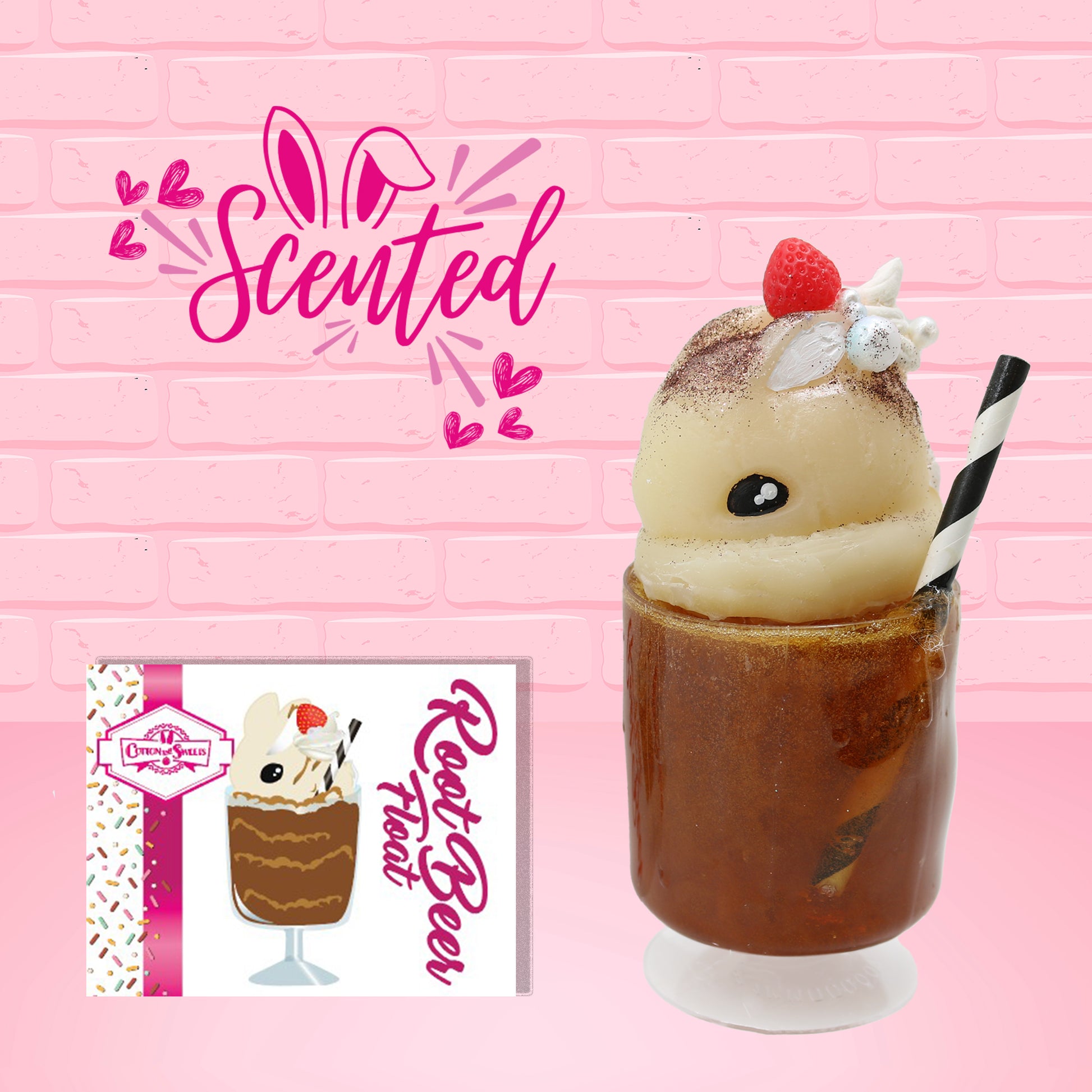 Cute kawaii bunny Root Beer Float white bunny in a brown drink with a black and white straw on the side. The bunny has a strawberry, brown glitter, silver pearls, on top next to the swirl of whipped cream. The front of the character card is shown as well as the word scented.