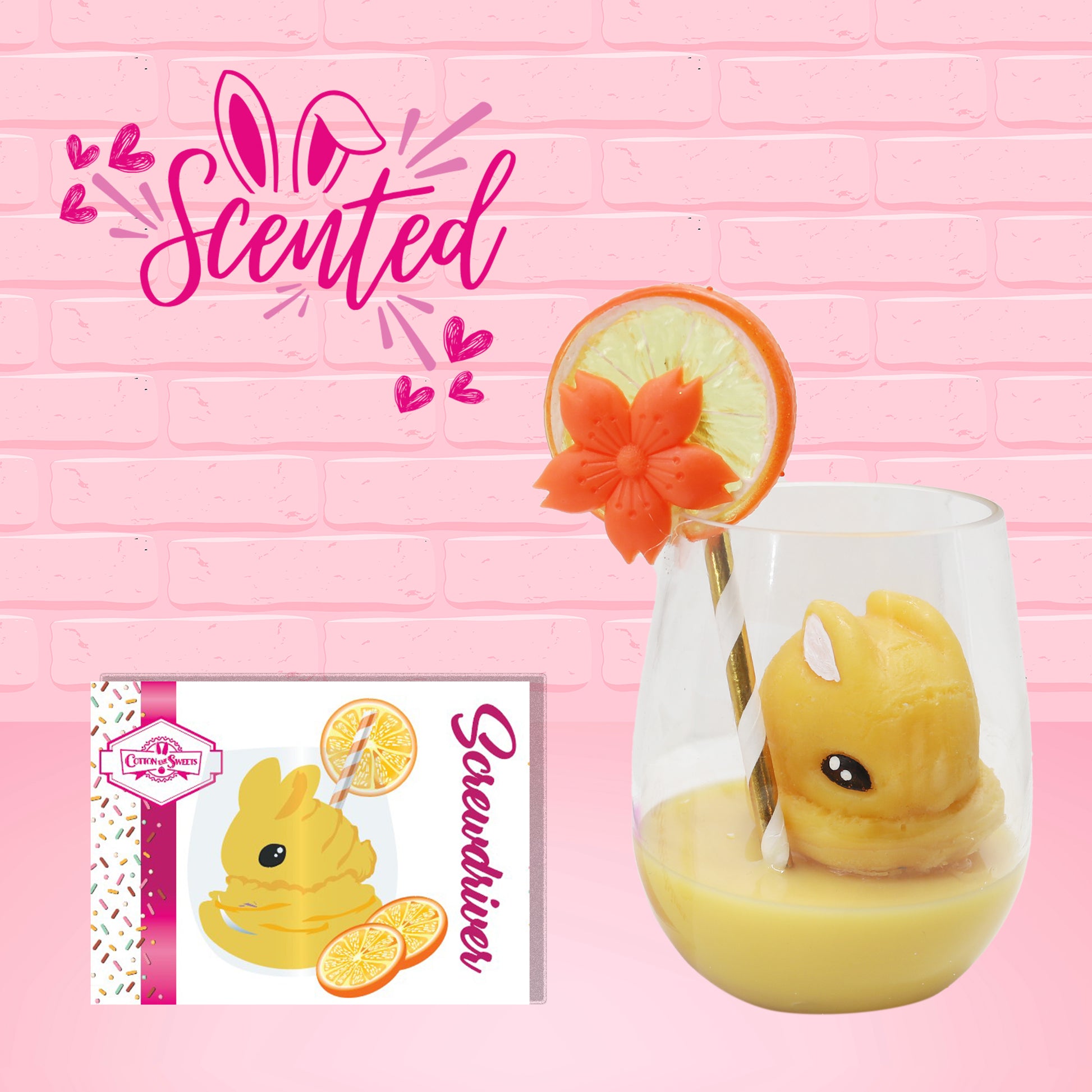 Cute kawaii bunny Screwdriver orange drink inside a glass with a gold white straw with an orange slice and orange flower on the rim of the glass. The front of the character card is shown as well as the word scented.