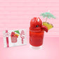 Cute kawaii bunny V12 red drink with red bits and white glitter on top of the bunny. A green palm tree umbrella with a pineapple slice and tomato slice on the rim of the drink on the side. The front of the character card is shown as well.