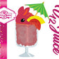 The front of the character card shows the digital artwork of V12 Juice, a red drink with red bits and white glitter on top of the bunny. A green palm tree umbrella with a pineapple slice and tomato slice on the rim of the drink on the side.