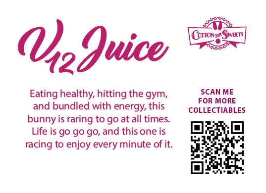 The back of the character card reads V12 Juice, Eating healthy, hitting the gym, and bundled with energy, this bunny is raring to go at all times. Life is go go go, and this one is racing to enjoy every minute of it. A QR code is available to be scanned for more collectibles as well as the cotton tails logo.