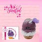 Cute kawaii bunny Blackberry Cobbler Dazzle with white glitter and purple raspberries on top near the swirl of whipped cream. The front of the character card is shown with the word scented.