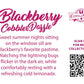 The back of the character card reads Blackberry Cobbler Dazzle, Sweet summer nights sitting on the window sill are Blackberry’s favorite pastime. Watching the lightning bugs flicker in the dark air, while comfortably resting with a refreshing cold lemonade. A QR code is available to be scanned for more collectibles as well as the cotton tails logo.