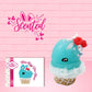 Cute bunny kawaii Blue Razz Star Blast blue ice cream with red raspberries, silver pearls and clear stars on the top of the bunny near the whipped cream swirl. The front of the character card is shown as well as the word scented.
