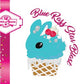 The front of the character card shows the digital artwork of Blue Razz Star Blast, a blue ice cream with red raspberries, silver pearls and clear stars on the top of the bunny near the whipped cream swirl.