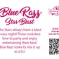 The back of the character card reads Blue Razz Star Blast, The Stars always have a blast every night! These rockstars love to party and enjoy entertaining their fans! Blue Razz loves to mix it up as a DJ. A QR code is available to be scanned for more collectibles as well as the cotton tails logo.