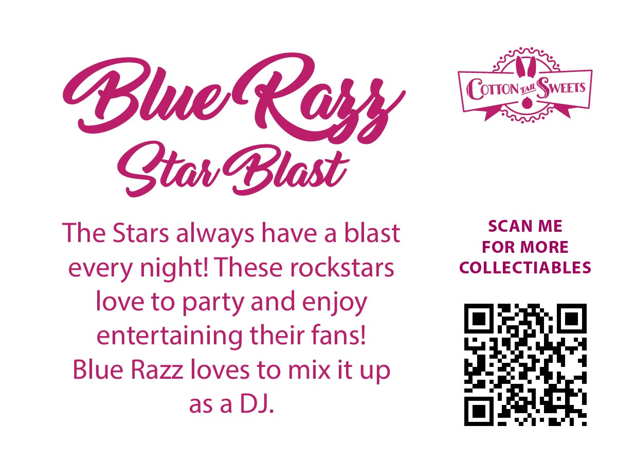 The back of the character card reads Blue Razz Star Blast, The Stars always have a blast every night! These rockstars love to party and enjoy entertaining their fans! Blue Razz loves to mix it up as a DJ. A QR code is available to be scanned for more collectibles as well as the cotton tails logo.