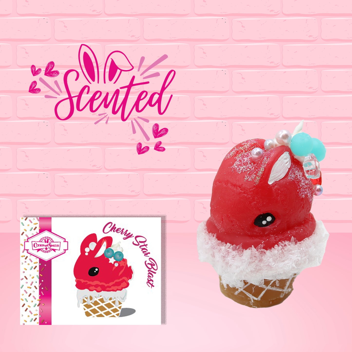 Cute kawaii bunny Cherry Star Blast red ice cream with light blue blueberries, silver pearls, and a clear star near the swirl of whipped cream on the top. The front of the character card is shown as well as the word scented.