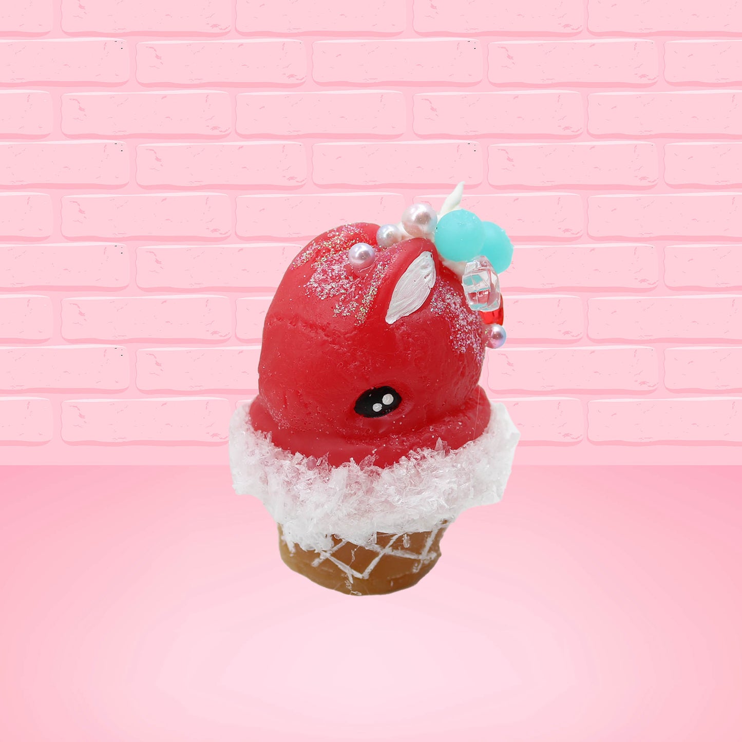 Cute kawaii bunny Cherry Star Blast red ice cream with light blue blueberries, silver pearls, and a clear star near the swirl of whipped cream on the top. This view is from the front at an angle.