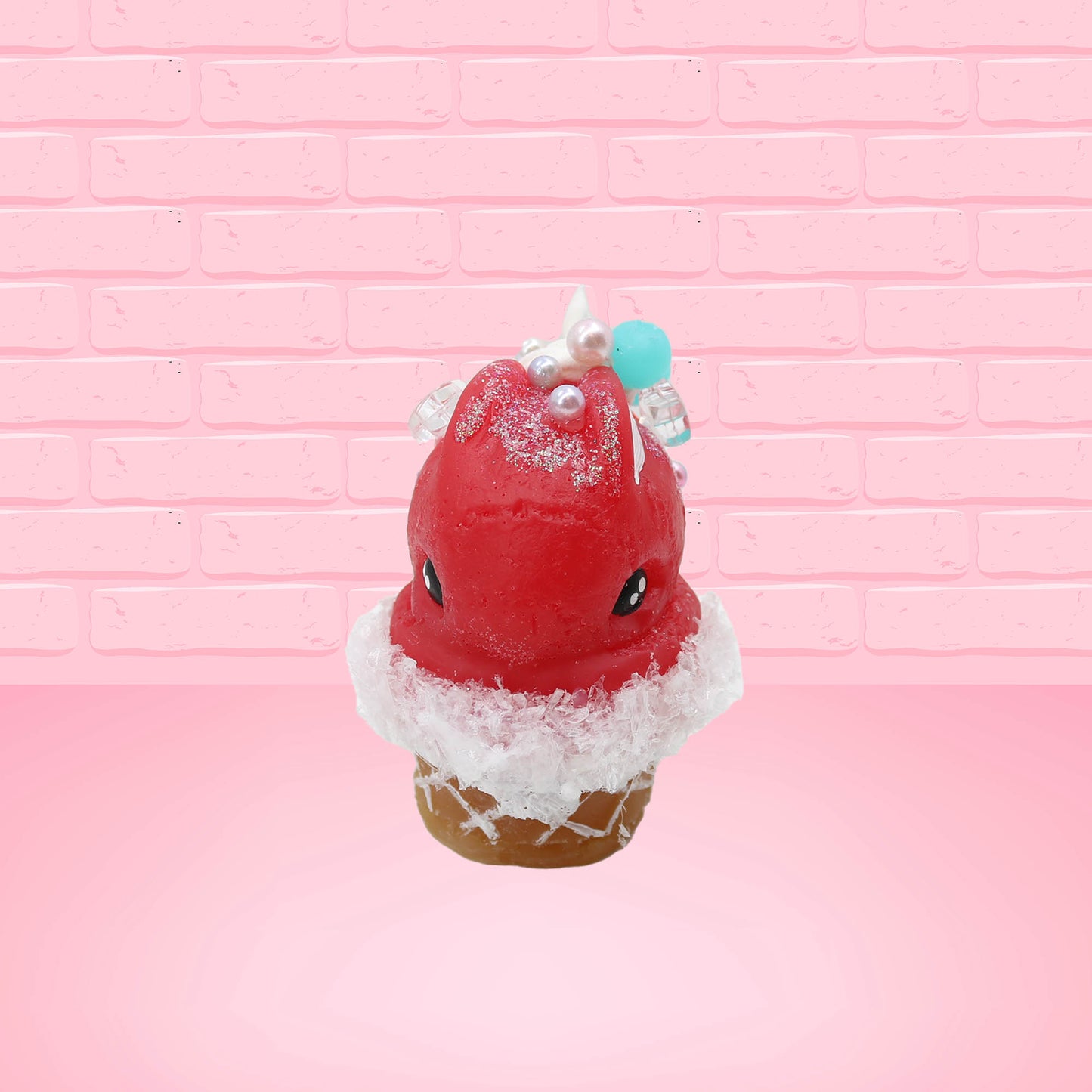 Cute kawaii bunny Cherry Star Blast red ice cream with light blue blueberries, silver pearls, and a clear star near the swirl of whipped cream on the top. This view is from the front.
