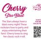 The back of the character card reads Cherry Star Blast, The Stars always have a blast every night! These rockstars love to party and enjoy entertaining their fans! Cherry loves to sing her classic rock n roll. A QR code is available to be scanned for more collectibles as well as the cotton tails logo.