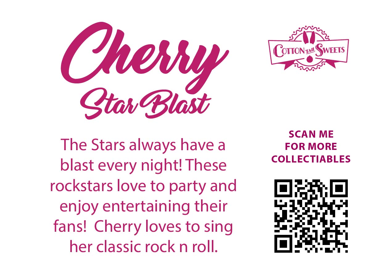 The back of the character card reads Cherry Star Blast, The Stars always have a blast every night! These rockstars love to party and enjoy entertaining their fans! Cherry loves to sing her classic rock n roll. A QR code is available to be scanned for more collectibles as well as the cotton tails logo.