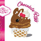 The front of the character card shows the digital artwork of Chocolate Razz as chocolate ice cream cone with glitter and red raspberries on top of the bunny near the swirl of whipped cream.