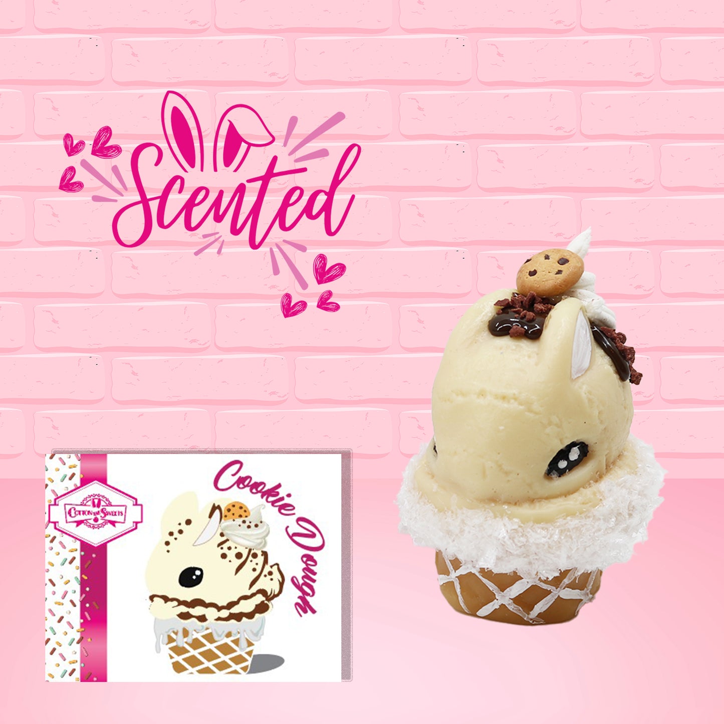 Cute kawaii bunny Cookie Dough ice cream cone with chocolate pieces and drizzle on top of the bunny as well as a cookie near the whipped cream swirl. The front of the character card is shown as well as the word scented.