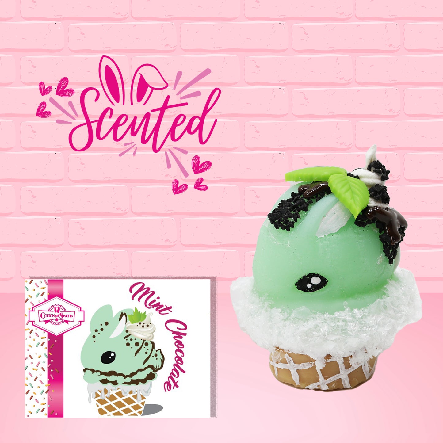 Cute kawaii bunny mint chocolate green ice cream cone with chocolate drizzle and sprinkles near the swirl of the whipped cream, with green mint leaves.  The front of the character card is shown as well as the word scented.