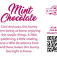 The back of the character card reads, Mint Chocolate, Cool and cozy, this bunny loves being at home enjoying the simple things. A little gardening, a little reading, and a little decadence here and there makes this bunny feel right at home. A QR code is available to be scanned for more collectibles as well as the cotton tails logo.
