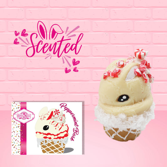 Cute kawaii bunny Peppermint Bark white ice cream with peppermint pieces and a peppermint candy on top of the bunny near the whipped cream swirl. The front of the character card is shown as well as the word scented.