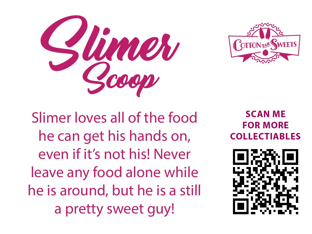 The back of the character card reads Slimer Scoop, Slimer loves all of the food he can get his hands on, even if it’s not his! Never leave any food alone while he is around, but he is a still a pretty sweet guy! A QR code is available to be scanned for more collectibles as well as the cotton tails logo.
