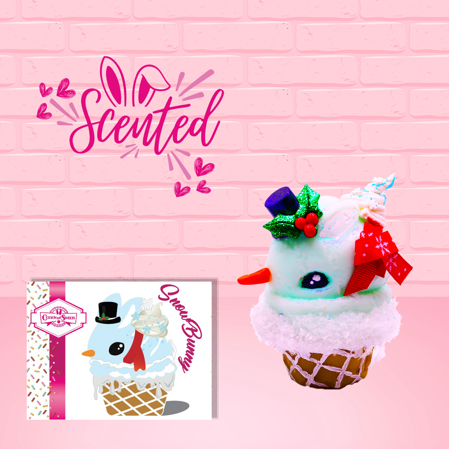 Cute kawaii bunny Snow Bunny light blue ice cream scoop with a carrot nose, red with silver snowflakes ribbon, a black top hat, and holly leaves with berries near the blue glittered whipped cream swirl on the top of the bunny. This view is from the side.