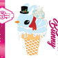 The front of the character card shows the digital artwork of Snow Bunny, a light blue ice cream scoop with a carrot nose, red ribbon, a black top hat, and holly leaves with berries near the blue glittered and blue snow flaked whipped cream swirl on the top of the bunny.