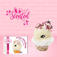 Cute kawaii bunny white ice cream cone Vanilla Pink Sprinkle with black and pink sprinkles on top with a swirl of whipped cream. The front of the character card is shown as well as the word scented.