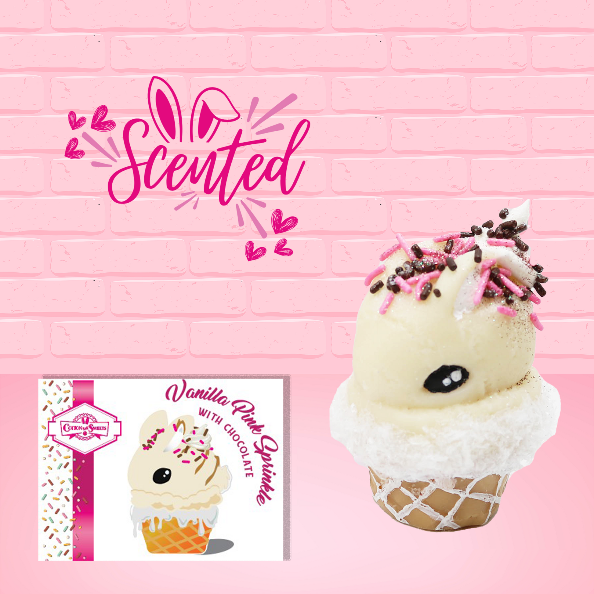 Cute kawaii bunny white ice cream cone Vanilla Pink Sprinkle with black and pink sprinkles on top with a swirl of whipped cream. The front of the character card is shown as well as the word scented.