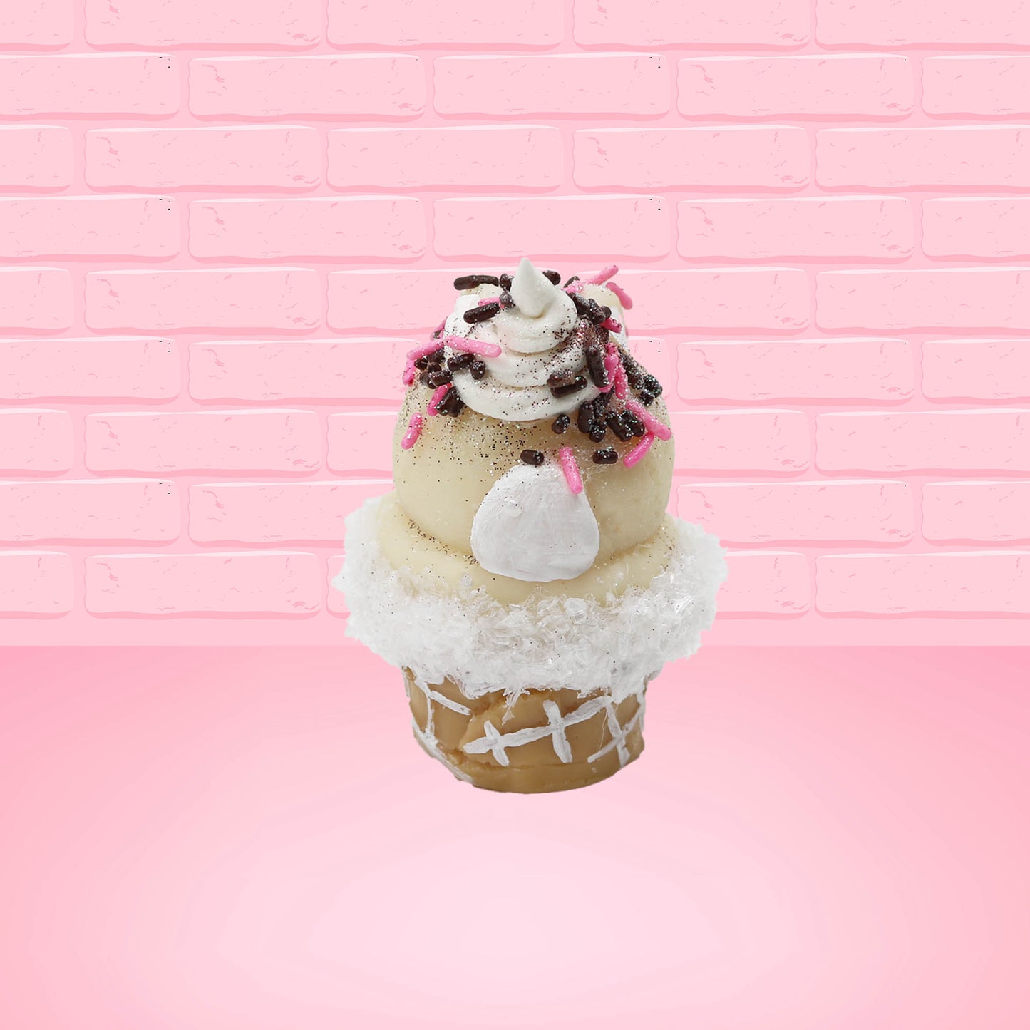 Cute kawaii bunny white ice cream cone Vanilla pink Sprinkle with black and pink sprinkles on top with a swirl of whipped cream. This view is from the back.