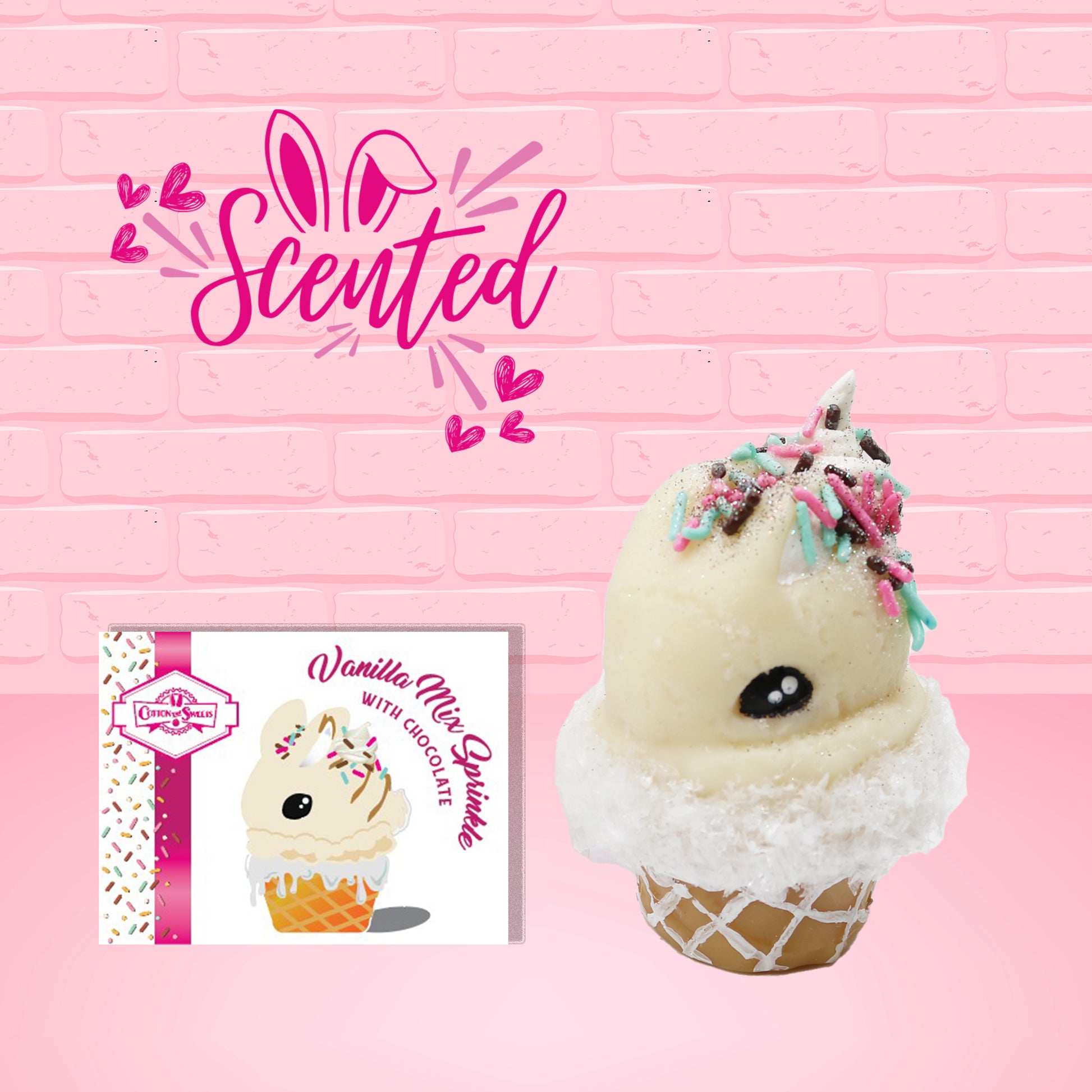 Cute kawaii bunny white ice cream cone with pink, teal, and black sprinkles on top of the bunny near the whipped cream swirl. The front of the character card is shown as well as the word scented.