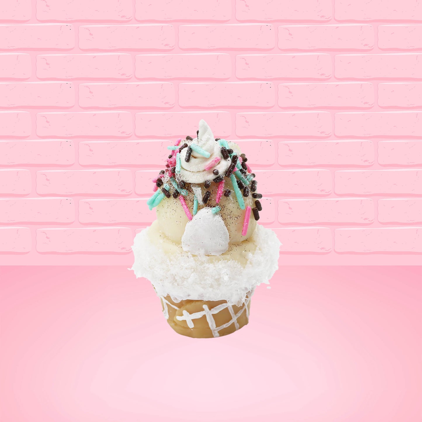 Cute kawaii bunny white ice cream cone with pink, teal, and black sprinkles on top of the bunny near the whipped cream swirl. The view is from the back. 