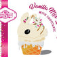 The front of the character card shows the digital artwork of a white ice cream cone with pink, teal, and black sprinkles on top of the bunny near the whipped cream swirl. 