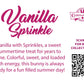 The back of the character card back reads Vanilla Sprinkle, Vanilla with Sprinkles, a sweet summertime treat for years to come. Colorful, sweet, and loaded with energy, this bunny is always ready for a fun filled summer day. A QR code is available to be scanned for more collectibles as well as the cotton tails logo.