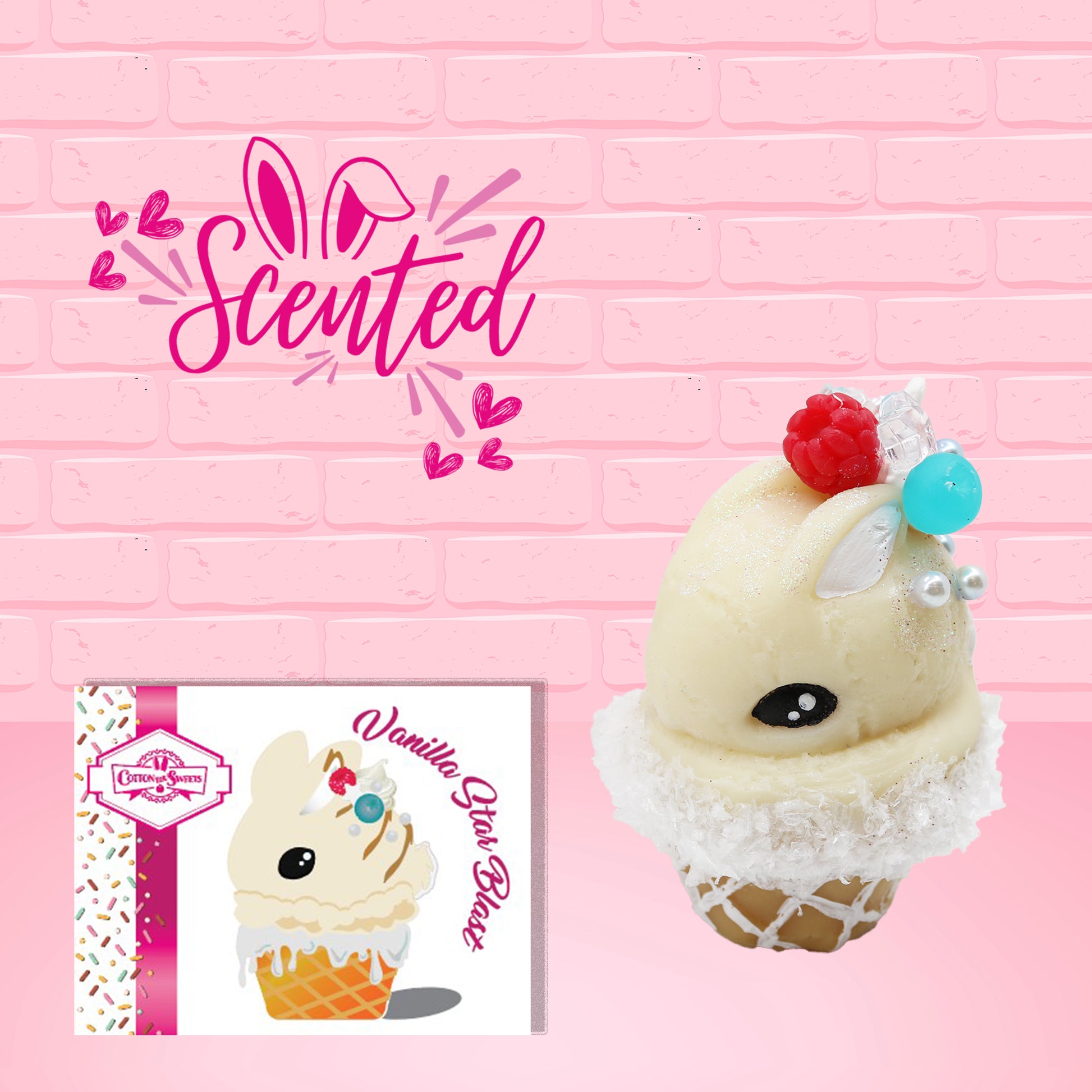 Cute kawaii bunny Vanilla Star Blast white ice cream cone with a blueberry, raspberry, and silver pearls near the swirl of whipped cream on the top of the bunny. The front of the character card is shown as the word scented.
