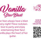 The back of the character card reads Vanilla Star Blast, The Stars always have a blast every night! These rockstars love to party and enjoy entertaining their fans! Vanilla plays the heart of her guitar. A QR code is available to be scanned for more collectibles as well as the cotton tails logo.