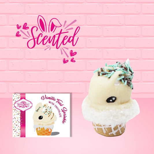 Cute kawaii bunny white ice cream cone Vanilla Teal Sprinkle with black and teal sprinkles on top with a swirl of whipped cream. The front of the character card is shown as well as the word scented.