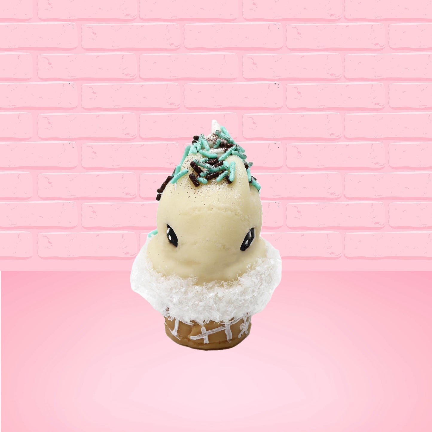 Cute kawaii bunny white ice cream cone Vanilla Teal Sprinkle with black and teal sprinkles on top with a swirl of whipped cream. This view is from the front.