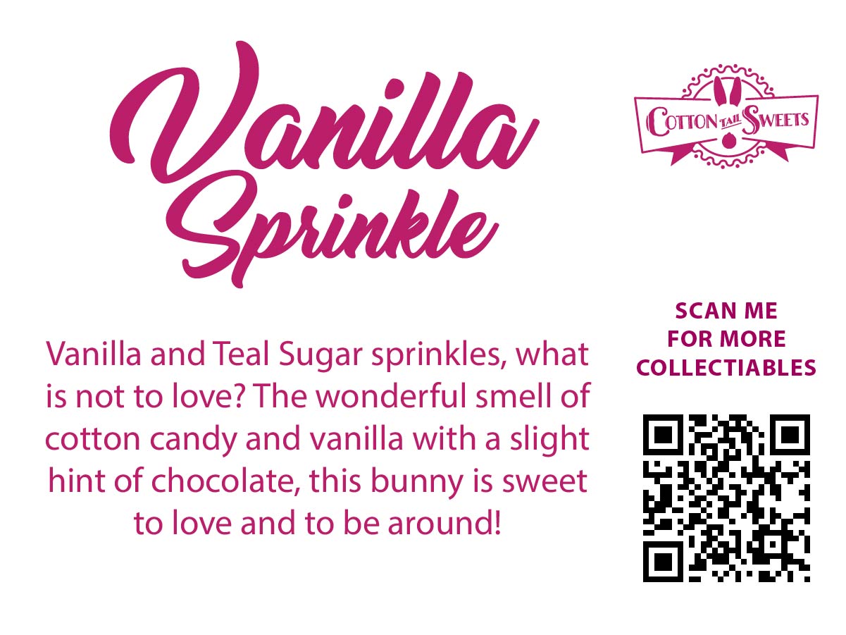 The back of the character card back reads Vanilla Sprinkle, Vanilla and Teal Sugar sprinkles, what is not to love? The wonderful smells of cotton candy and vanilla with a slight hint of chocolate, this bunny is sweet to love and to be around! A QR code is available to be scanned for more collectibles as well as the cotton tails logo.
