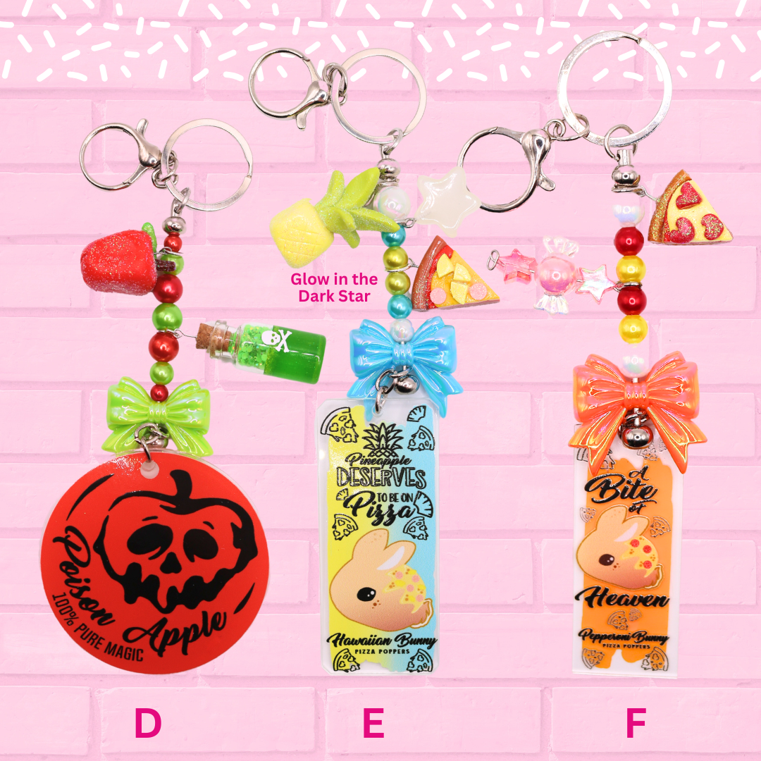 Keychains D, E, F are shown, which are Poison Apple tag, Pineapple Bunny Poppers and Glow in the Dark Star are shown, and Pepperoni Bunny Poppers Glow in the Dark Star are shown.