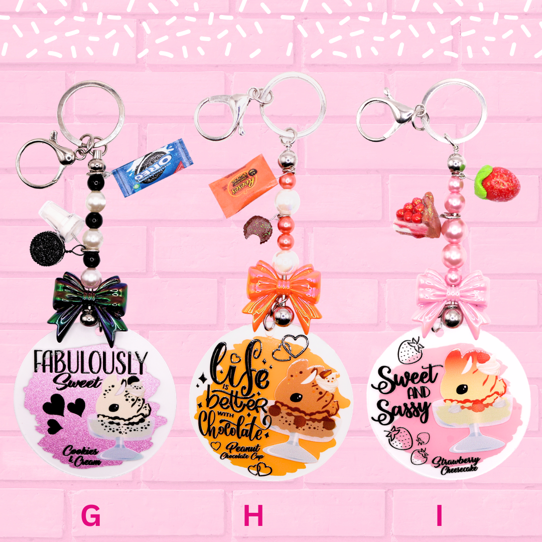 Keychains G, H, I are shown which are Cookie & Cream Bunny, Peanut Chocolate Bunny Cup, and Strawberry Cheesecake Bunny. The words Bunny Keychains 3 inch large are shown.