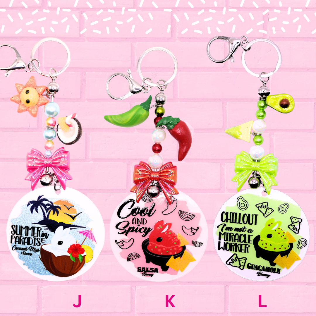 Keychains J, K, L are shown which are Coconut Milk Bunny, Salsa Bunny, and Guacamole Bunny. The words Bunny Keychains 3 inch large are shown.