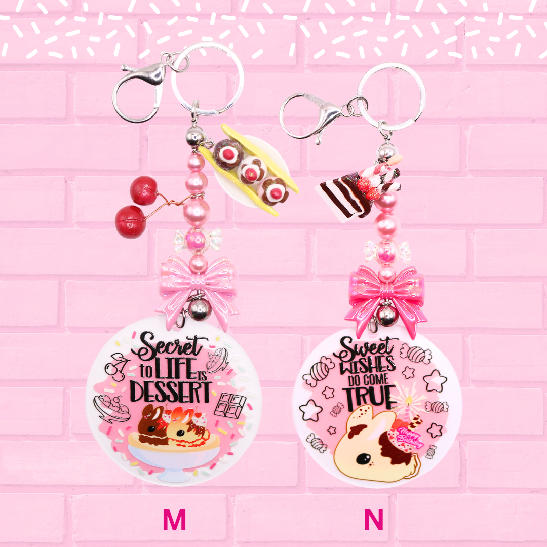 Keychains M and N are shown, Banana Split Bunny and B-day Chocolate Cake Bunny. The words Bunny Keychains 3 inch large are shown.