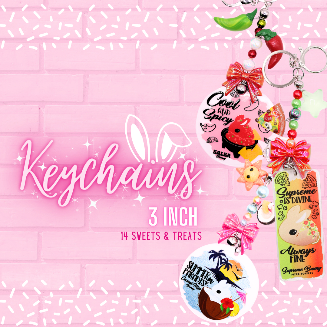3 keychains are shown as well as the words Bunny Keychains of 14 Sweets & Treats 3 Inch Large. 