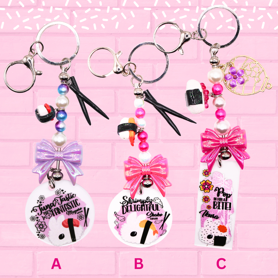 Keychains A, B, C are shown which are Tuna Sushi Bunny - Maguro, Fried Shrimp Sushi Bunny – Shako, and Sushi Bunny – Ikura.  The words Bunny Keychains 2 inch medium are shown.