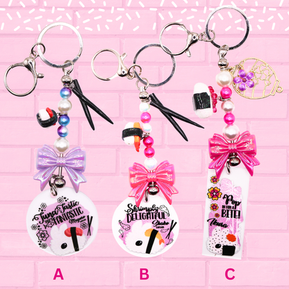 Keychains A, B, C are shown which are Tuna Sushi Bunny - Maguro, Fried Shrimp Sushi Bunny – Shako, and Sushi Bunny – Ikura.  The words Bunny Keychains 2 inch medium are shown.