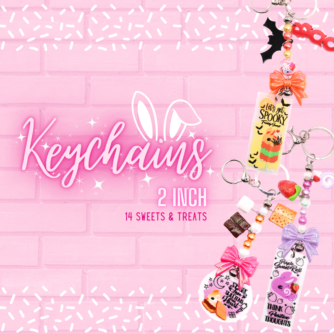 The designs of the 2 inch medium keychains are shown.  The words Bunny Keychains 14 Sweets & Treats 2 Inch : Medium are shown.