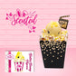 Cute kawaii yellow bunny in a popcorn container with a movie night sign. The front of the character card and the word scented is shown.