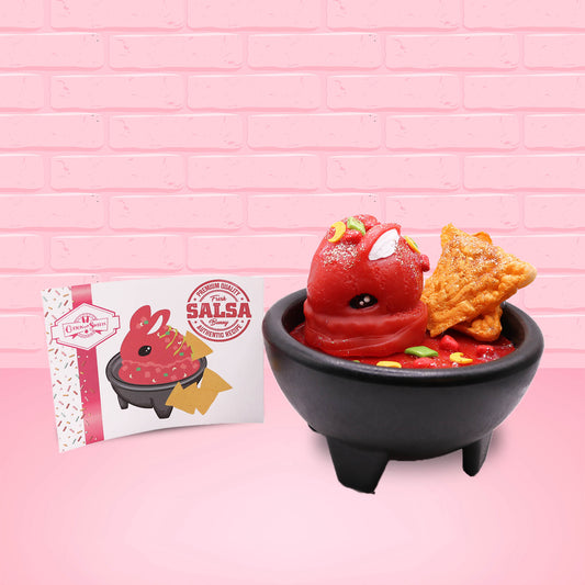 Cute kawaii red bunny with chips in a bowl. The front of the character card is shown.