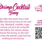 The back of the character card reads: Shrimp Cocktail Bunny, High roller that never has a cold shoulder, this bunny loves to win and win big. Blackjack, roulette, craps this bunny can do it all. Living life to the fullest, the casinos always welcome this bunny, as she wins more than she spends. Lady luck has nothing on this bunny.