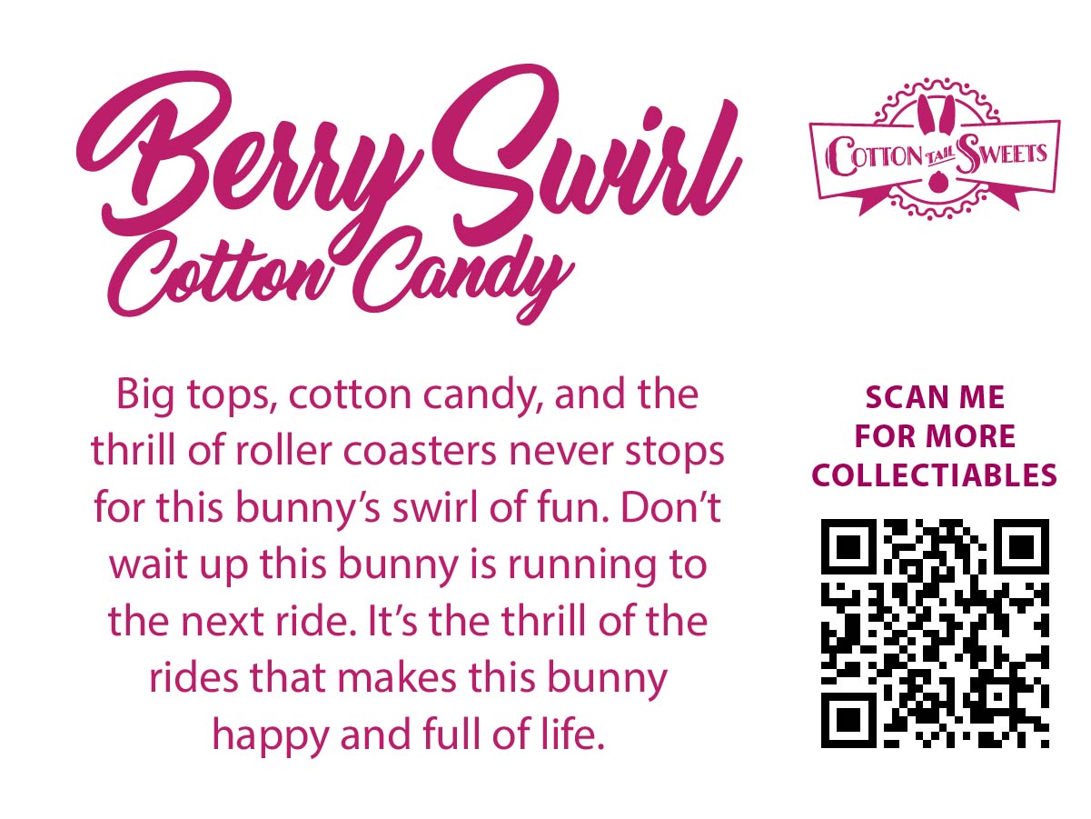 Cute kawaii ice cream sundae character card back, which reads: Big tops, cotton candy, and the thrill of roller coasters never stops for this bunny’s swirl of fun. Don’t wait up this bunny is running to the next ride. It’s the thrill of the rides that makes this bunny happy and full of life. A QR code is available to be scanned for more collectibles as well as the cotton tails logo.