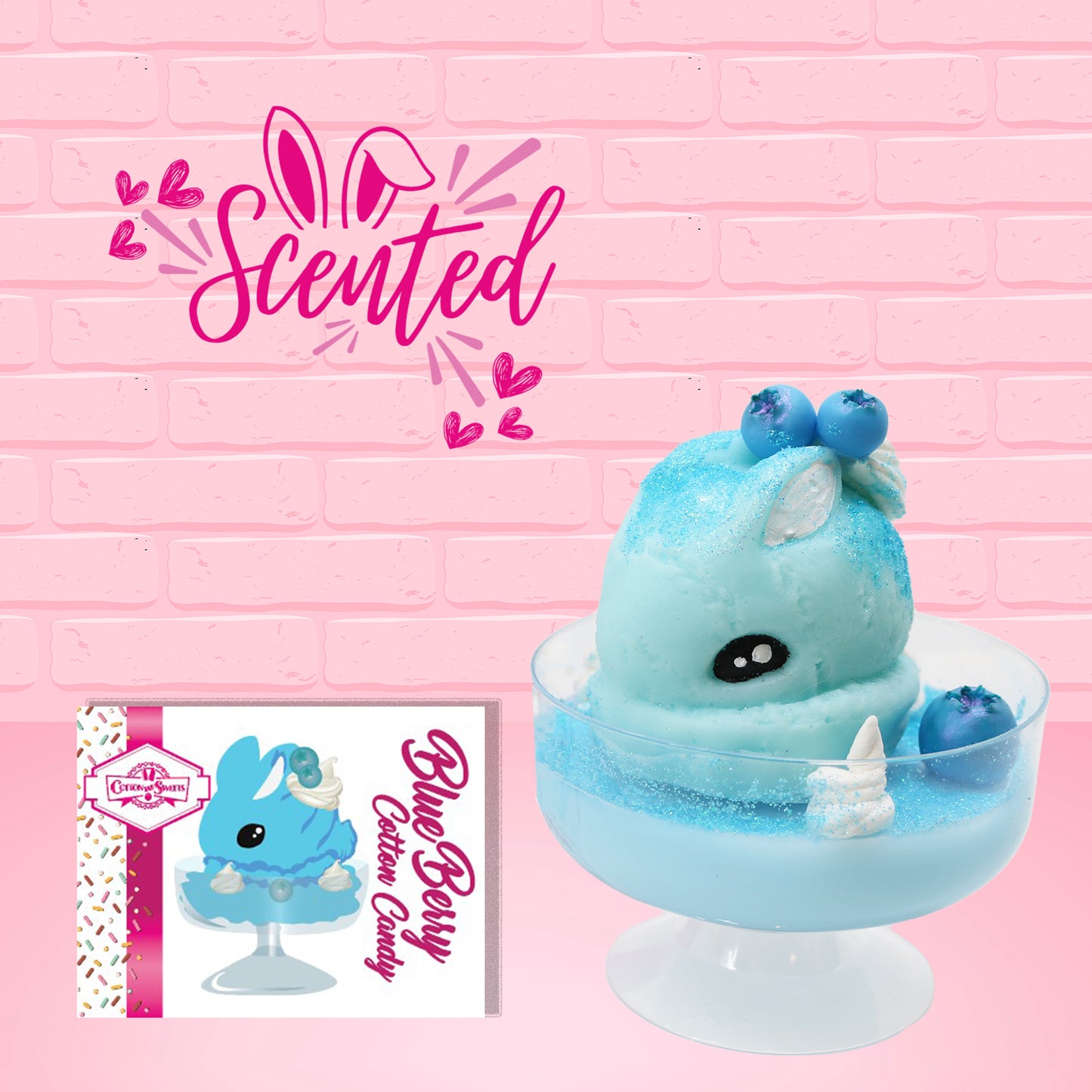 Cute kawaii Blue Berry Cotton Candy ice cream sundae with blue berries and swirls of whipped cream in the dish. The bunny has two blue berries on the top near the swirl of whipped cream on the back. The front of the character card is show, as well as the word scented. 